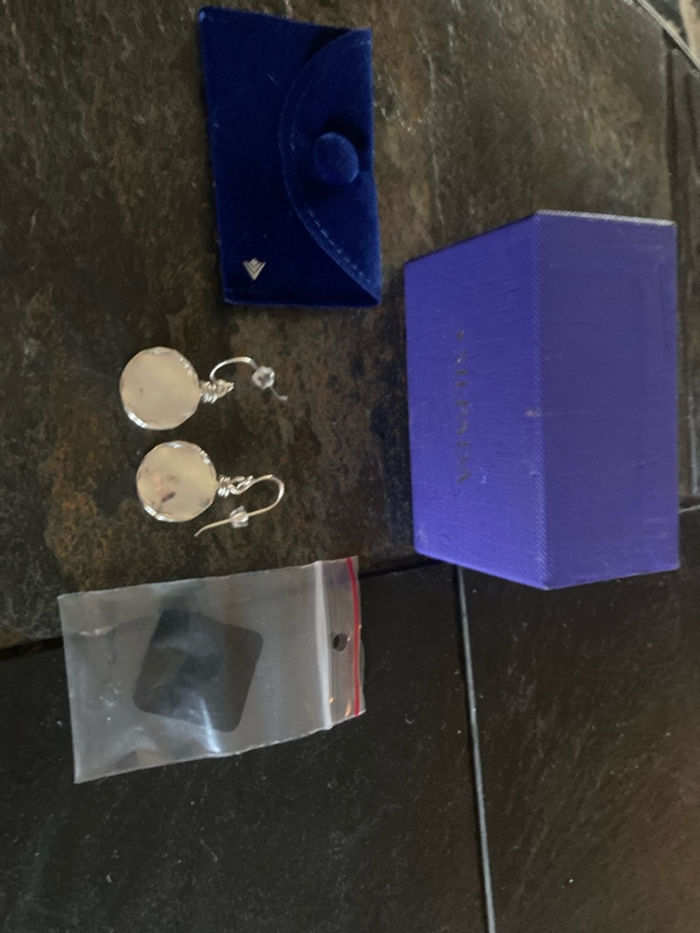 Polished Silver Disc Drop Earrings in Purple Box